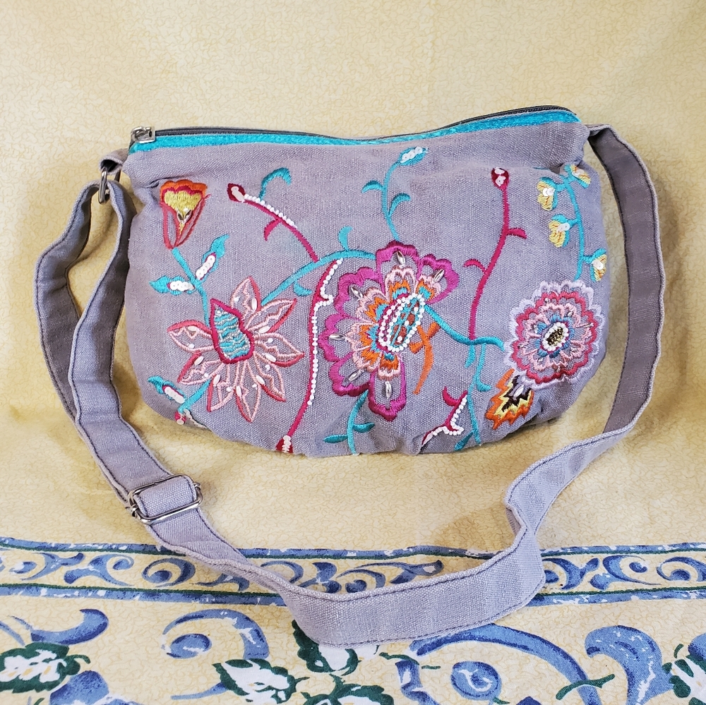 Pier 1 Imports Gray Multicolor Embroidery Canvas Bohemian Womens Shoulder Bag